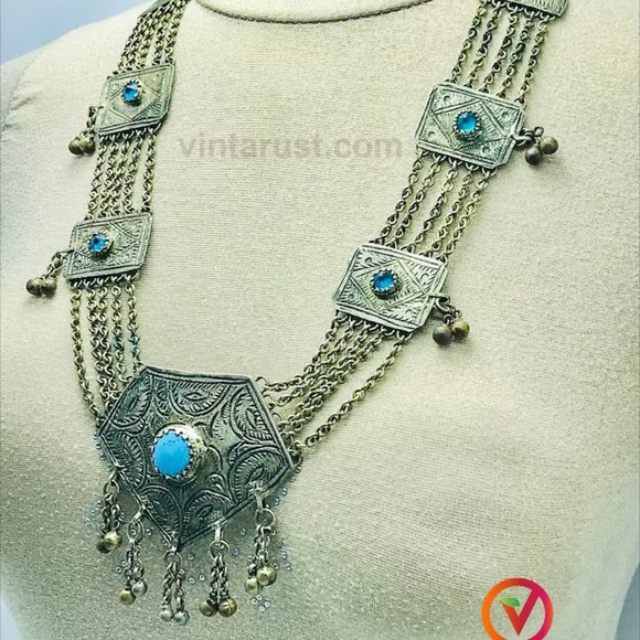 Silver Vintage Necklace with Turquoise Beads, Long Chain Necklace - Picture 5 of 8